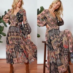 Boho gypsy paisley print v neck sheer long sleeve maxi dress